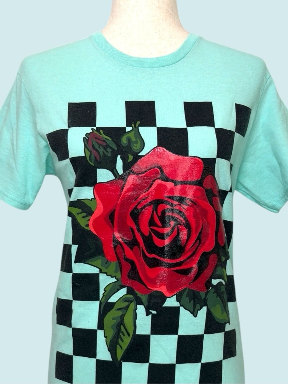 90s Red Rose Checkerboard Rubberized Graphic  Tee S Teal Cyber Y2K Indie Sleaze